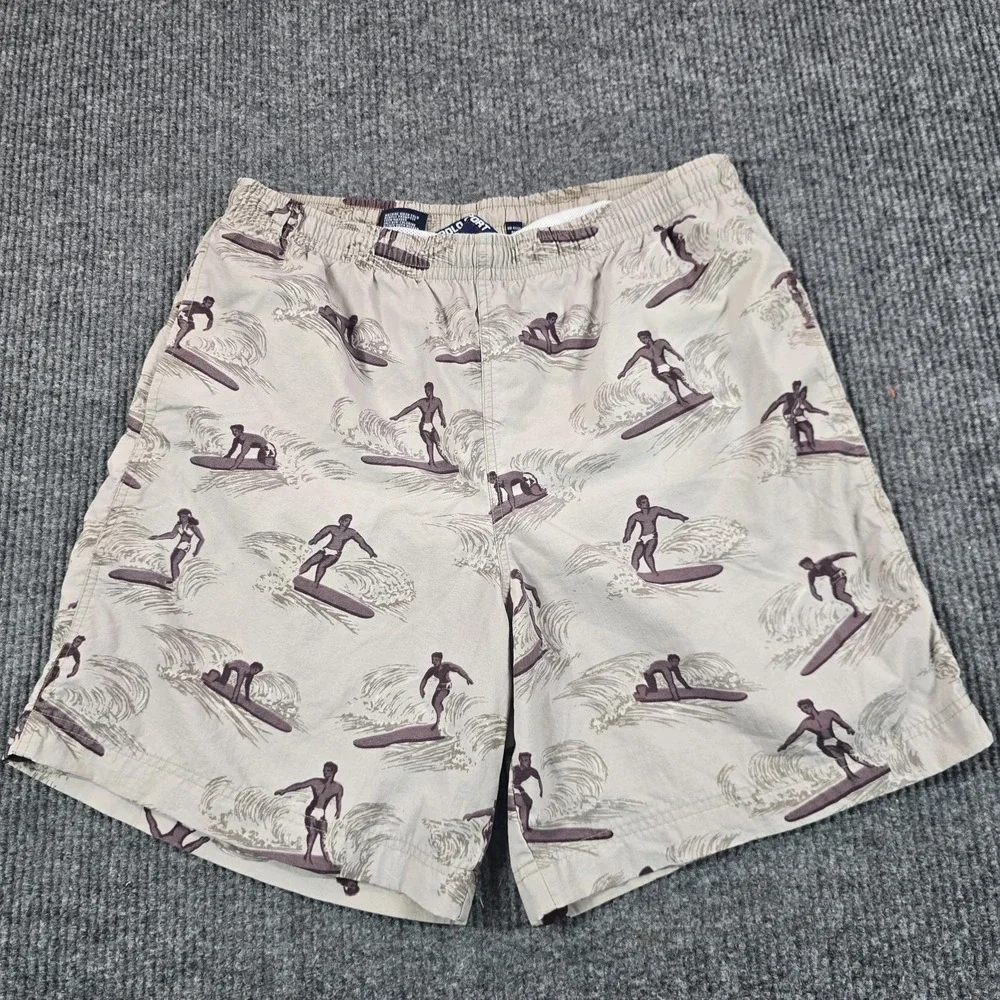 Vintage Polo Sport Swim Trunks Mens XL Beige Surfer Print‎ Mesh Lined Drawstring